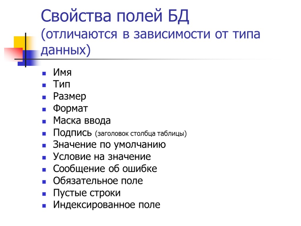 Свойства полей БД (отличаются в зависимости от типа данных) Имя Тип Размер Формат Маска